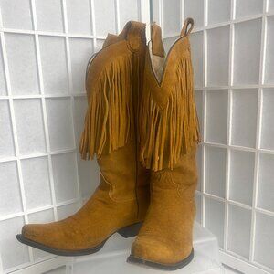 Lane Carmel Cowboy Suede Fringe Boots Sz. 9 1/2  Leather Exterior and Interior